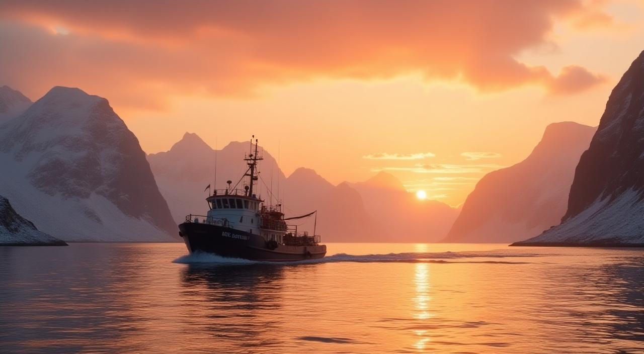 Fiskebåten MS 'Lofottrål' glir rolig gjennom vannet i solnedgangen utenfor Lofoten, med majestetiske fjell i bakgrunnen.